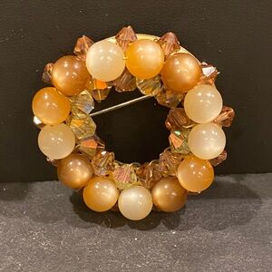 Vintage Brown and Gold Moonglow Lucite and Auroras Borealis Beaded Brooch